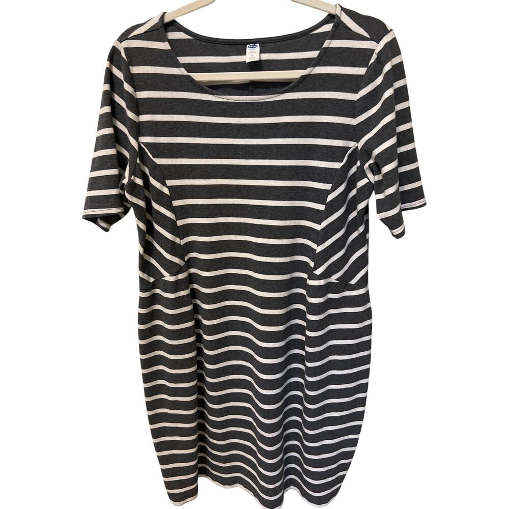 Old Navy Soft Knit Gray White Striped Maternity Dress Women's Size Large EUC